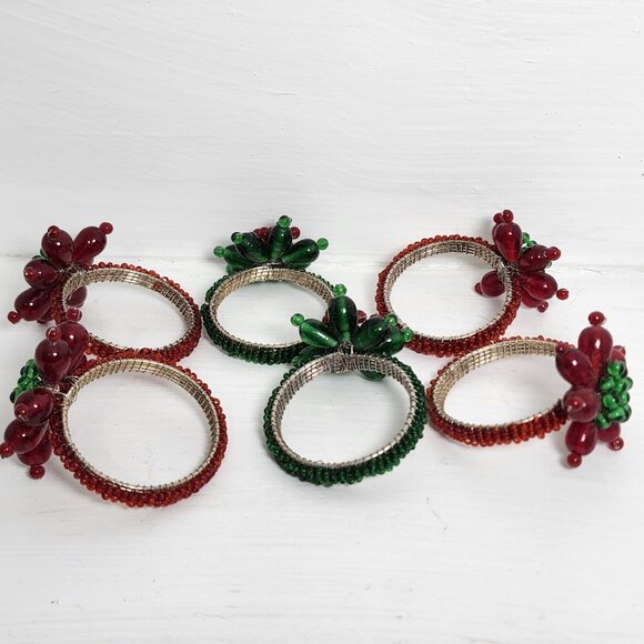 6 Red Green Glass Beaded Napkin Rings Holders Floral Set vtg holiday Christmas - Picture 2 of 11